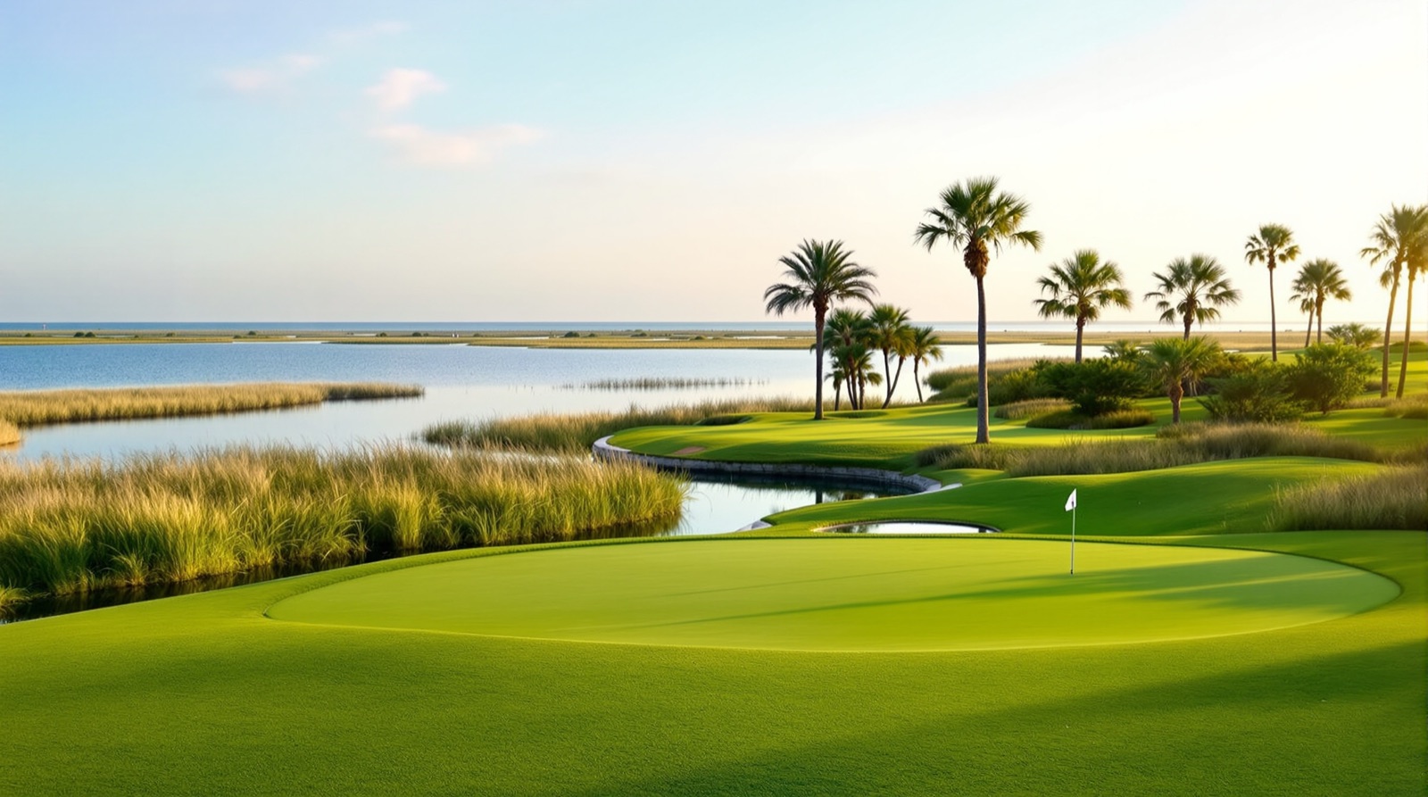 Executive golf green beside water on a Florida coastal course in morning light