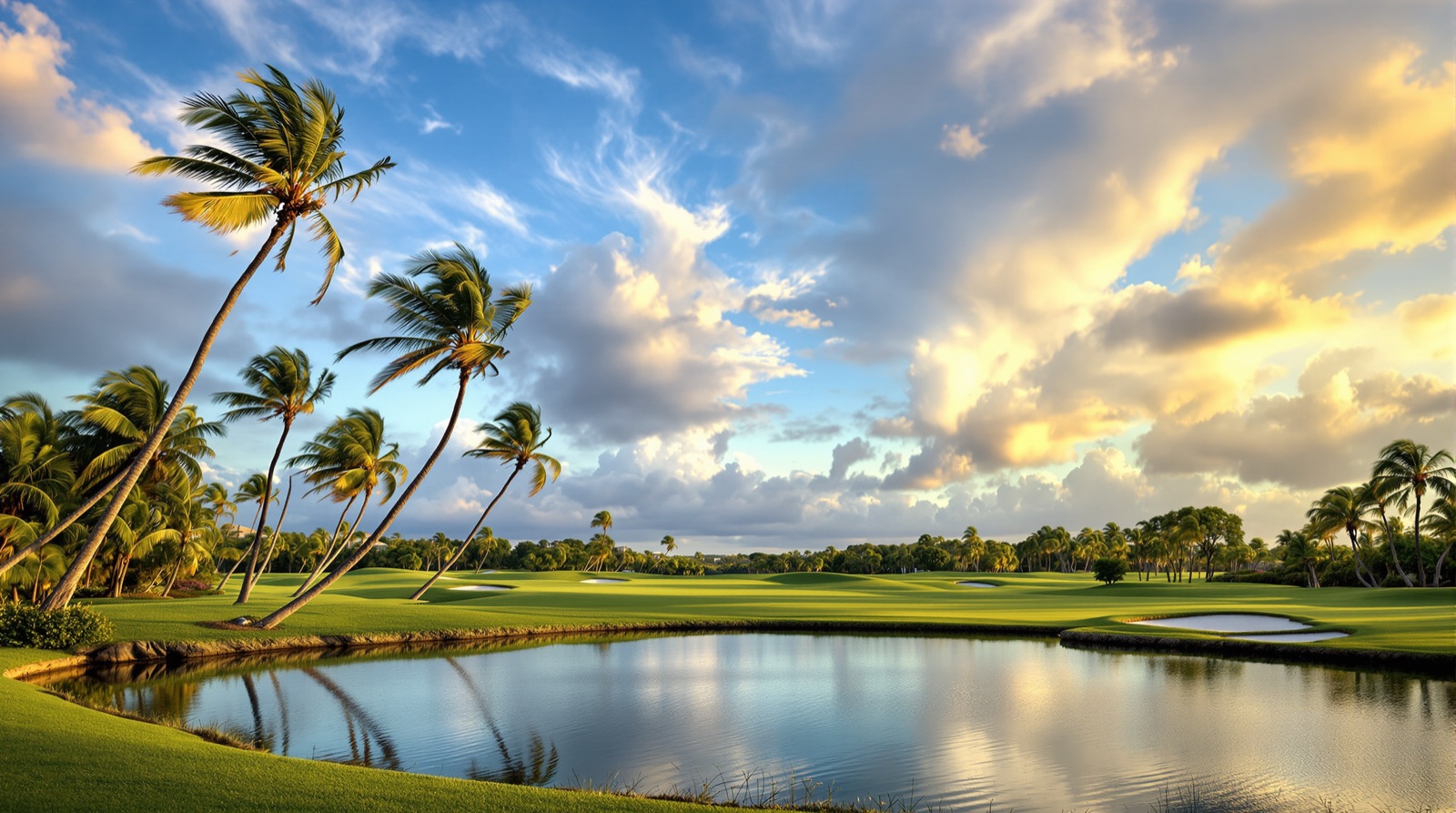 A coastal fairway with wind-bent palms and a water hazard in the foreground