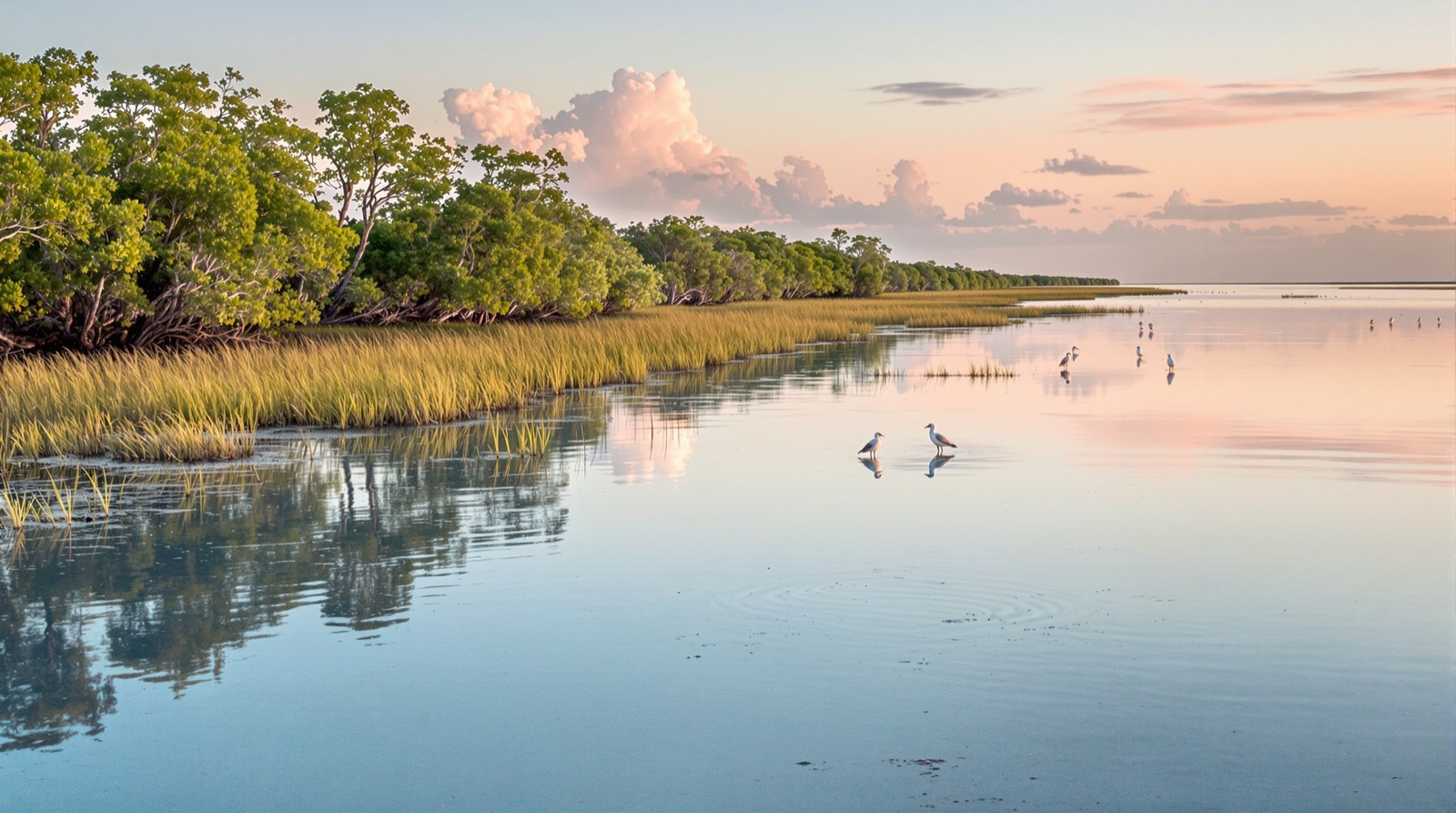 Barrier-island nature scene with mangroves, sea oats and lagoon at sunrise