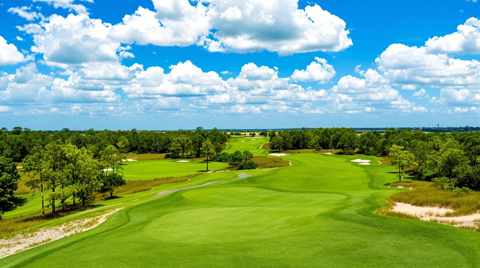 A Florida public golf course winding through pines and palmetto under blue sky