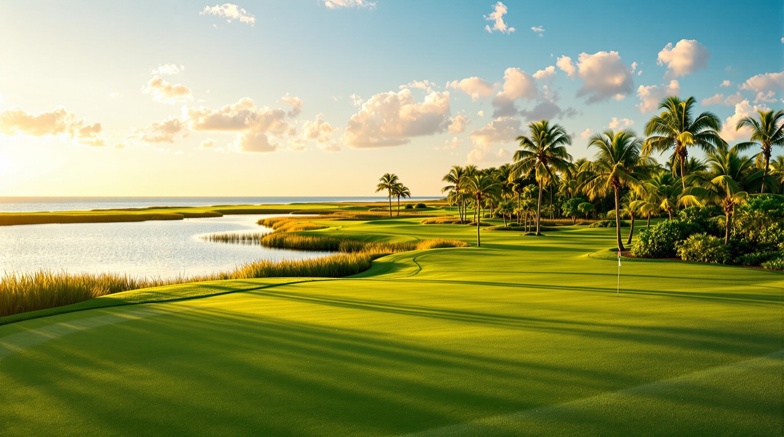 Coastal Florida golf fairway meeting a lagoon at golden hour with palms