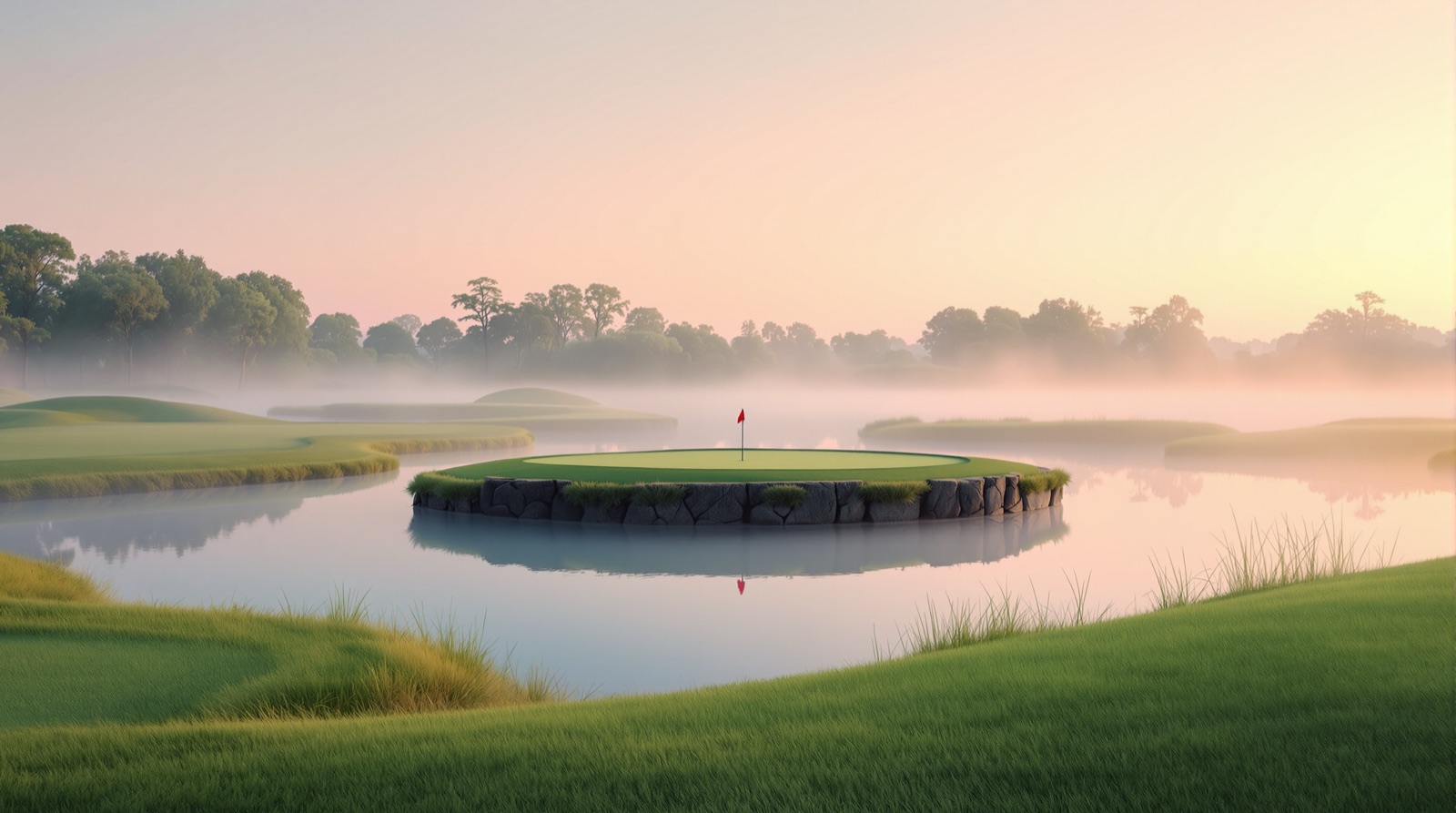 A short par-3 golf hole playing over water to a small green at dawn