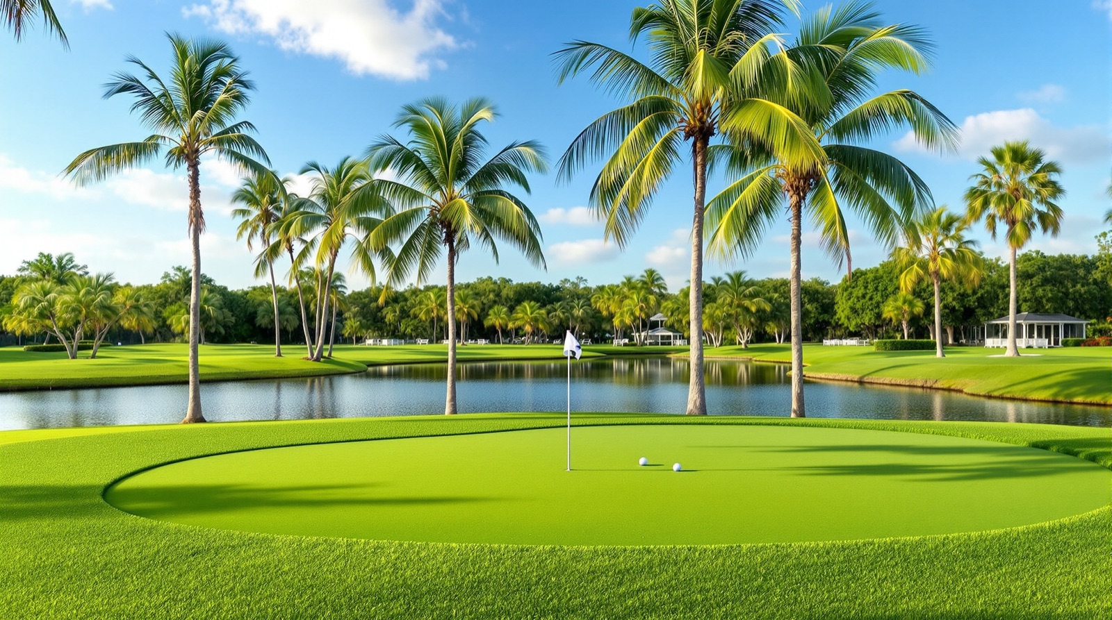 A putting practice green at a coastal golf course in soft light