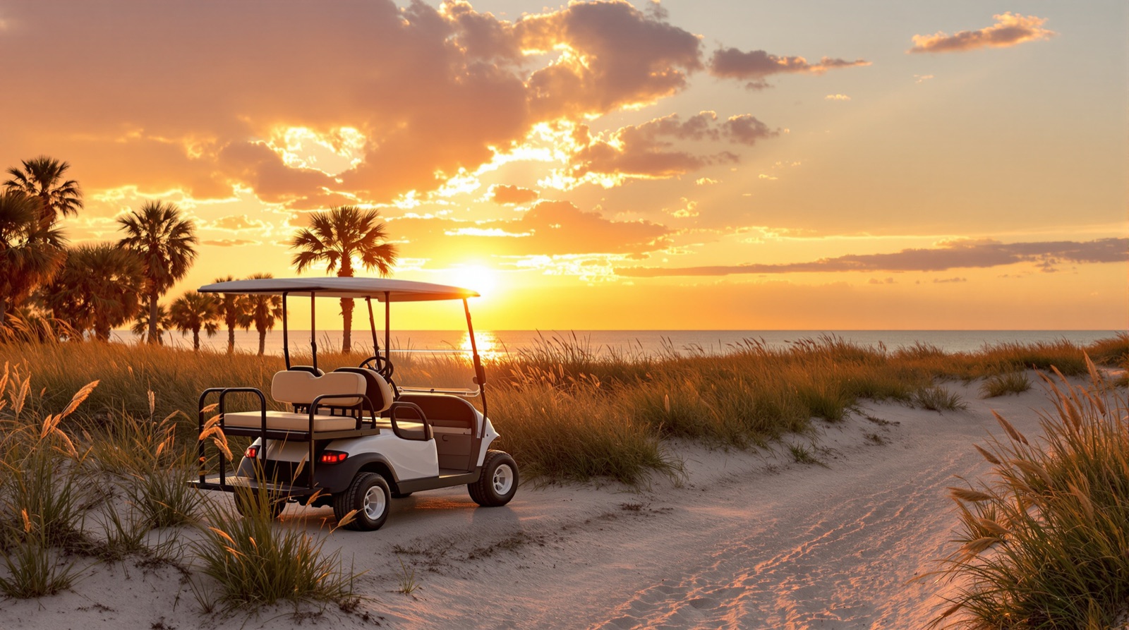 A golf cart on a coastal path at sunset near the beach